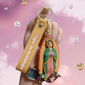 Virgen de Guadalupe Keychain with Tan Strap
